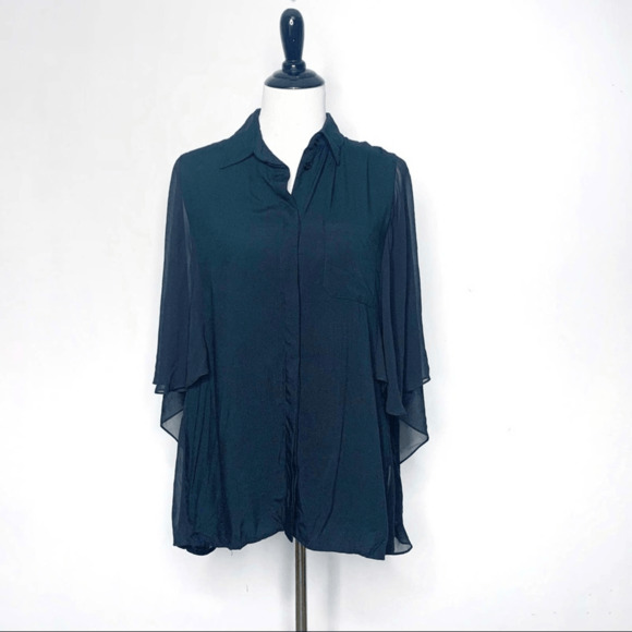 Kai-Aakmann Chiffon Viole Cape Blouse Sheer Back oversized button front womens S - Picture 1 of 6